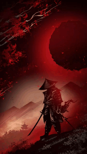 A Samurai With A Sword And A Hat Is Standing On Top Of A Hill With A Large Rock In The Background . GIF