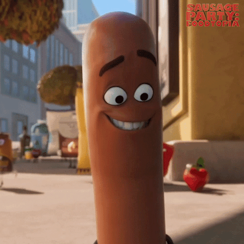 A Sausage From Sausage Party 2 Is Smiling GIF