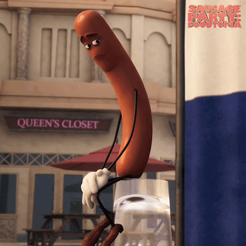 A Sausage Sitting On A Glass In Front Of A Queen 'S Closet Sign GIF