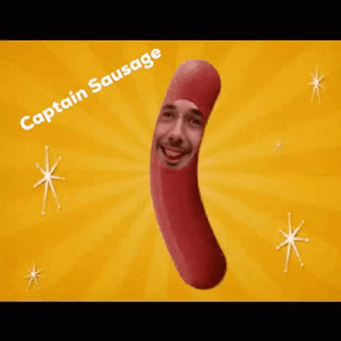 A Sausage With A Man 'S Face On It And The Words Captain Sausage Below It GIF