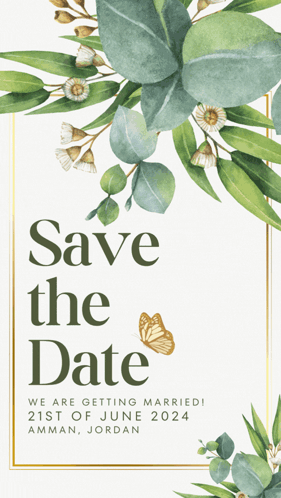 A Save The Date Card With Flowers And Leaves On It GIF