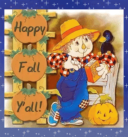 A Scarecrow Is Holding A Bag Of Popcorn And Says Happy Fall Y All GIF