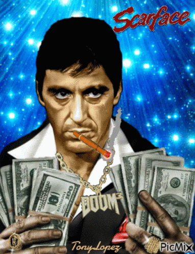 A Scarface Poster With A Man Holding Money And A Knife In His Mouth GIF