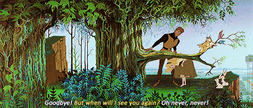 A Scene From The Movie Sleeping Beauty With A Man Standing On A Tree Branch GIF