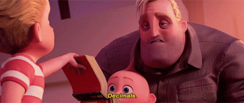 A Scene From The Movie The Incredibles With A Man Holding A Baby And The Words " Decimals " GIF
