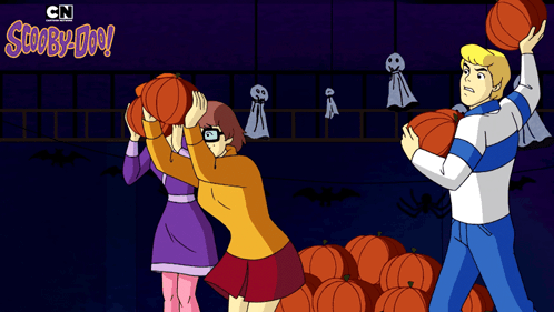 A Scooby Doo Cartoon With A Bunch Of Pumpkins And Ghosts GIF