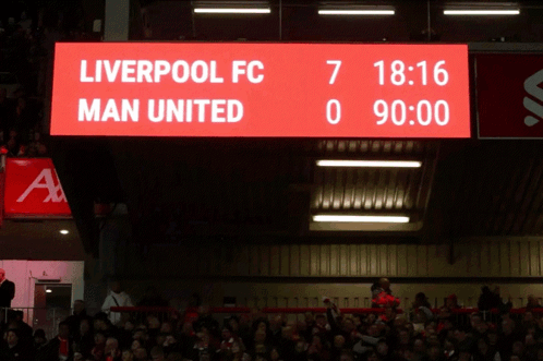 A Scoreboard At A Soccer Game Shows That Liverpool Fc Is 7 To 0 GIF