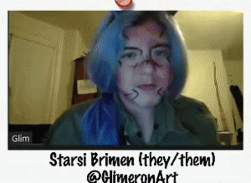 A Screen Shot Of A Person With Blue Hair And The Words Starsi Brimen ( They / Them ) At The Bottom GIF