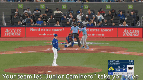 A Screen Shot Of A Stadium With The Words " Your Team Let Junior Caminero Take You Deeper " At The Bottom GIF
