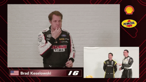 A Screen Shot Of Brad Keselowski With A Pennzoil Logo Behind Him GIF