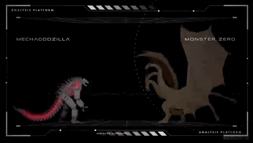 A Screen Showing Mechagodzilla And Monster Zero On It GIF