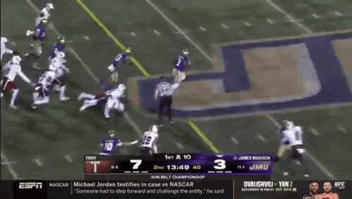 a screen shows a football game between troy and jmu