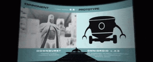 A Screen Shows A Man And A Robot With The Words " Opponent " And " Prototype " GIF