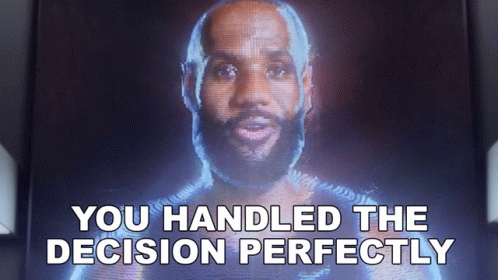 a screen shows a man with the words " you handled the decision perfectly " below him