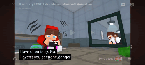 a screenshot of a minecraft video that says " i love chemistry go haven 't you seen the danger "