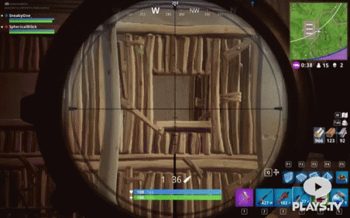A Screenshot Of A Video Game Called Fortnite Shows A Sniper Aiming At A Building GIF