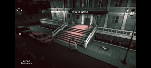 A Screenshot Of A Video Game Showing The Entrance To A Manor GIF