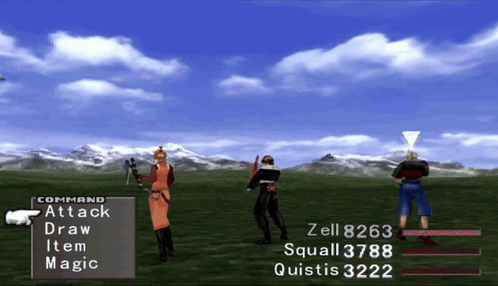 A Screenshot Of A Video Game Shows A Battle Between Zell 8263 And Quistis 3223 GIF