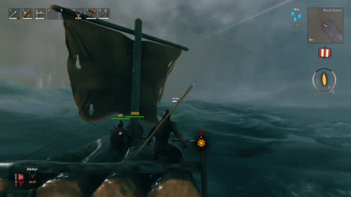 A Screenshot Of A Video Game Shows A Boat In The Ocean With A Black Barrel In The Distance GIF