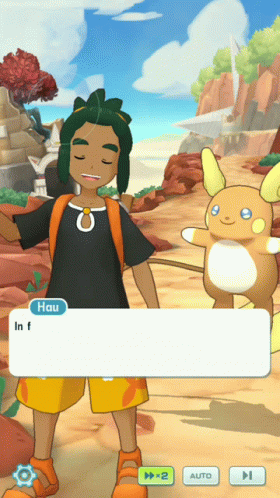 Video Game Screenshot Of Hau Talking To Raichu GIF
