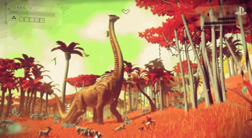 A Screenshot Of A Video Game Shows A Dinosaur In A Field With Palm Trees GIF