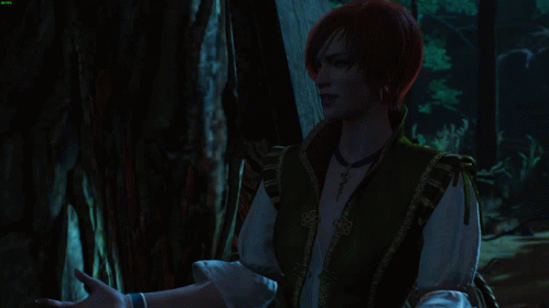 a screenshot of a video game shows a girl in a green vest