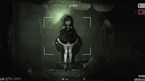 a screenshot of a video game shows a girl in a kimono standing in a dark room ..