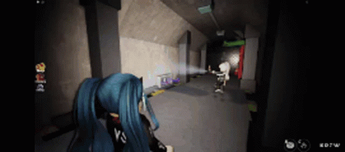 A Screenshot Of A Video Game Shows A Girl With Blue Hair Holding A Gun GIF