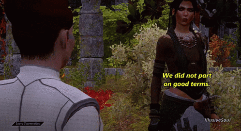 A Screenshot Of A Video Game Shows A Man And A Woman Talking And The Woman Says We Did Not Part On Good Terms GIF
