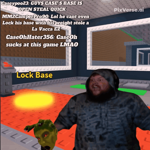 a screenshot of a video game shows a man holding a frog and says " lock base "