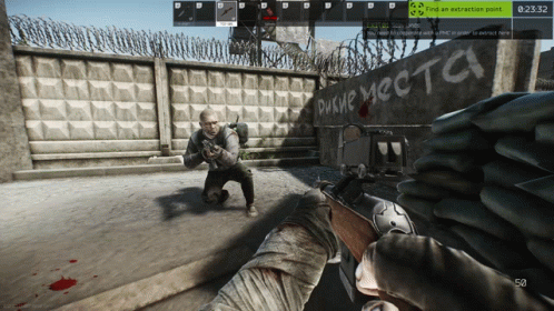 A Screenshot Of A Video Game Shows A Man Holding A Gun In Front Of A Barbed Wire Wall GIF