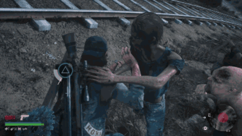 A Screenshot Of A Video Game Shows A Man Holding A Woman In His Arms GIF