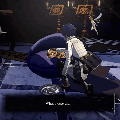 a screenshot of a video game shows a man kneeling next to a cat and says what a cute cat