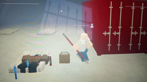 A Screenshot Of A Video Game Shows A Man Standing In Front Of A Red Container And A Teddy Bear GIF