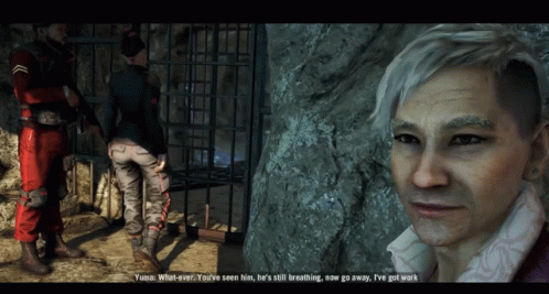A Screenshot Of A Video Game Shows A Man Talking To A Woman Behind Bars GIF