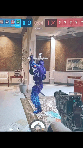 A Screenshot Of A Video Game Shows A Person Holding A Gun In A Lobby GIF