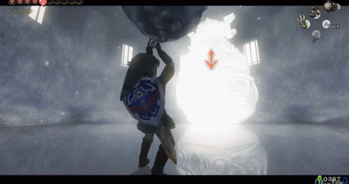 a screenshot of a video game shows a person holding a large object