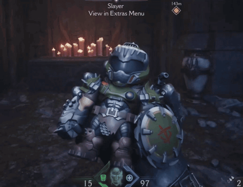 A Screenshot Of A Video Game Shows A Slayer In The Extras Menu GIF