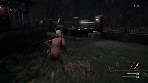 A Screenshot Of A Video Game Shows A Woman Getting Out Of A Car With The Word Yard On The Screen GIF