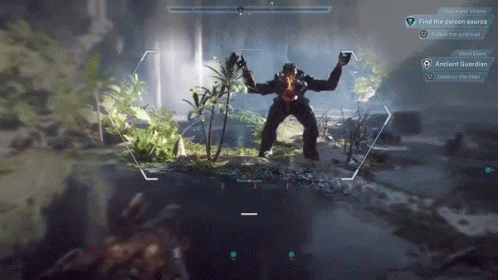 A Screenshot Of A Video Game Shows An Ancient Guardian And A Poison Source GIF