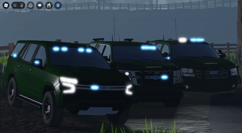 A Screenshot Of A Video Game Shows Three Cars With Lights On And One Has The Word Sheriff On The Front GIF