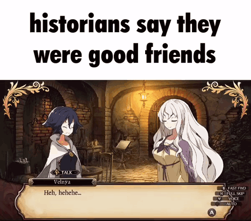 A Screenshot Of A Video Game That Says ' Historians Say They Were Good Friends ' On The Bottom GIF