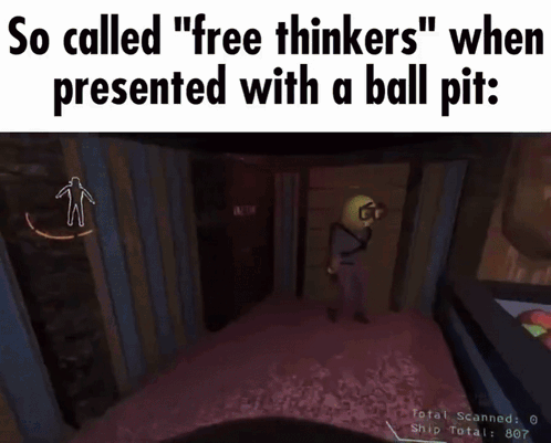 A Screenshot Of A Video Game That Says " So Called Free Thinkers " When Presented With A Ball Pit GIF