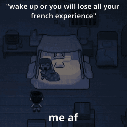 A Screenshot Of A Video Game That Says " Wake Up Or You Will Lose All Your French Experience Me Af " GIF