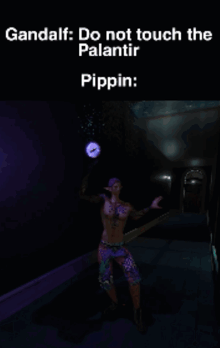 A Screenshot Of A Video Game With A Caption That Says Gandalf Do Not Touch The Palantir Pippin GIF