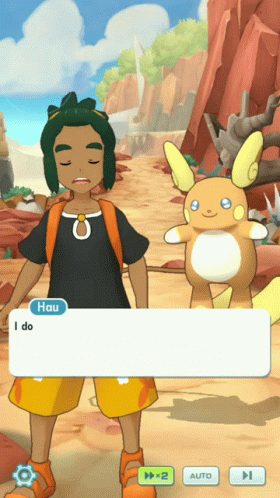Video Game Screenshot Of Hau Talking To Pokémon GIF