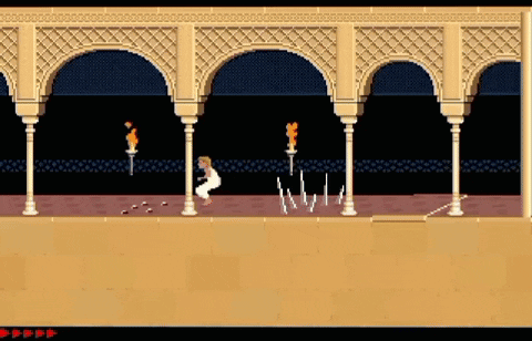 A Screenshot Of A Video Game With Arches And A Red Button That Says ' Start ' On It GIF