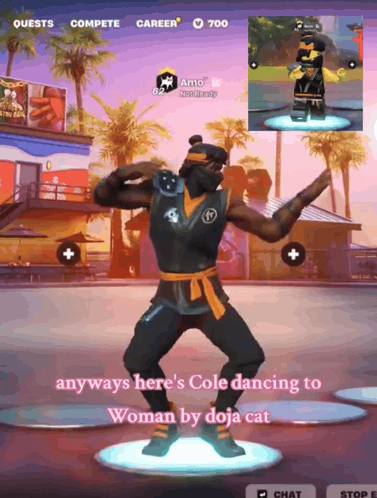 a screenshot of a video game with the caption " anyways here 's cole dancing to woman by doja cat " on it