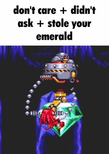 A Screenshot Of A Video Game With The Words " Don T Care + Didn T Ask + Stole Your Emerald " GIF