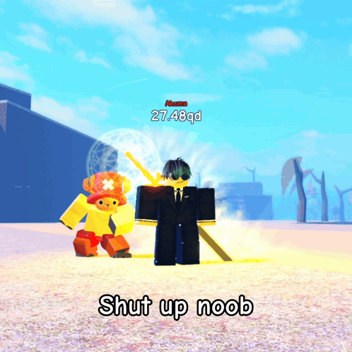 A Screenshot Of A Video Game With The Words Shut Up Noob On The Bottom GIF
